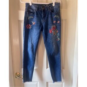 Embroidered Jeans Floral and Bird Pattern